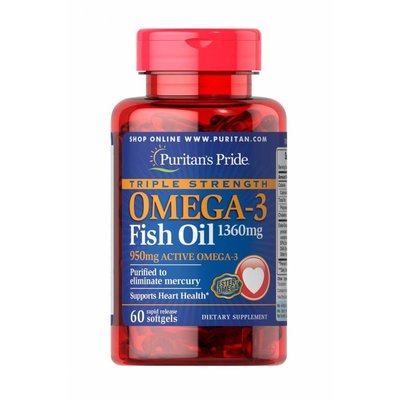 Puritans Pride Triple Strength Omega-3 Fish Oil 1360 mg (950 mg Active Omega-3) 60 капс 002102 фото